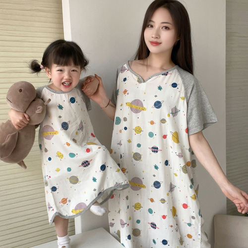 Redange baby home clothes parent-child nightgown girls home clothes bamboo cotton gauze summer children's pajamas