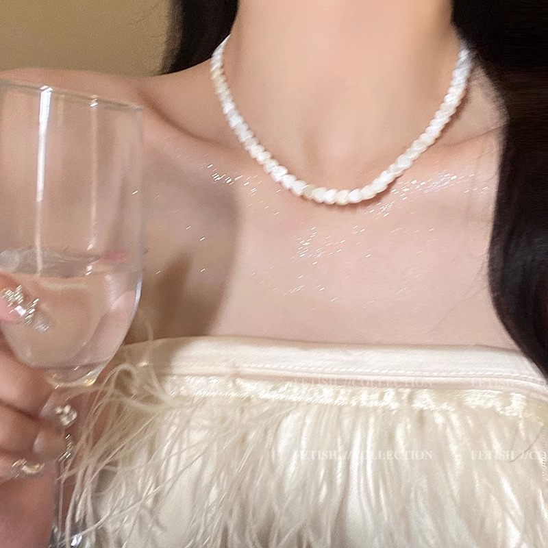 シンプルなデザイン感6mm淡水貝殻愛ネックレス女性ビーチリゾート風ファッション気質貝母鎖骨鎖|undefined