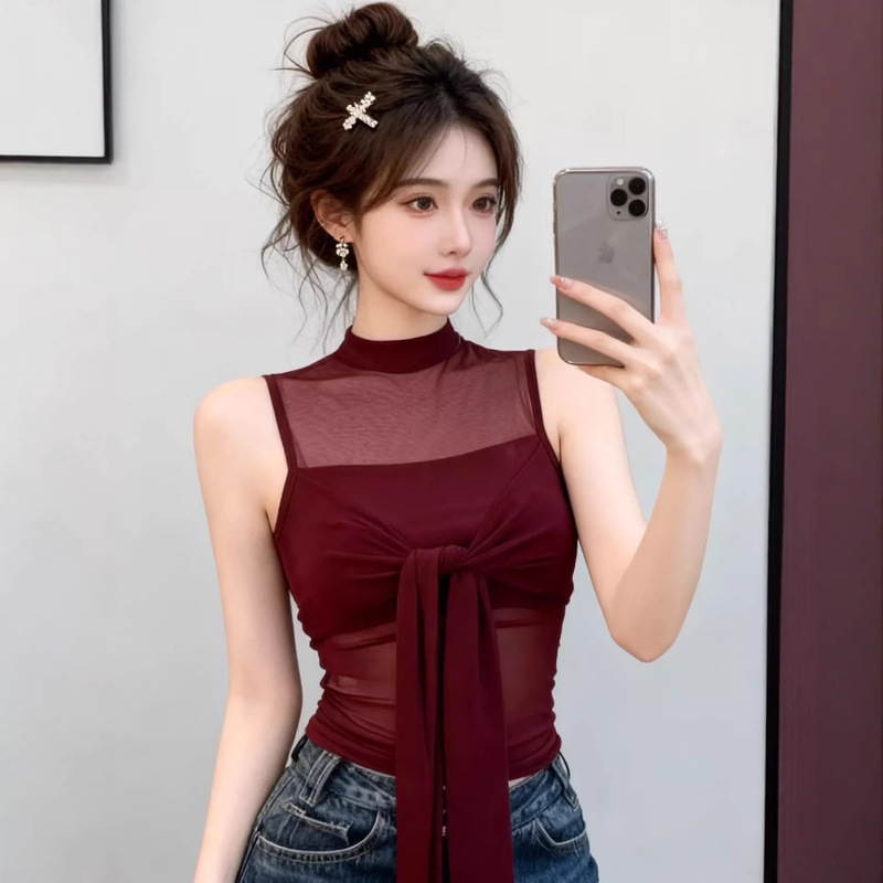 Pure Desire Style Mesh Patchwork Sexy Tank Top for Women, Summer Design with Twisted Straps, Sleeveless T-Shirt, Spicy Girl Style, Celine Pure Desire Style Mesh Patchwork Sexy Tank Top for Women, Summer Design with Twisted Straps, Sleeveless T-Shirt, Spicy Girl Style, Celine