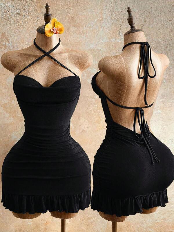 Sensual Bodycon Mini Dress With Ruffle Trim, Backless Halter Neck, And Waist-Gathering Pleats For A Flattering Fit_ecoleips.com