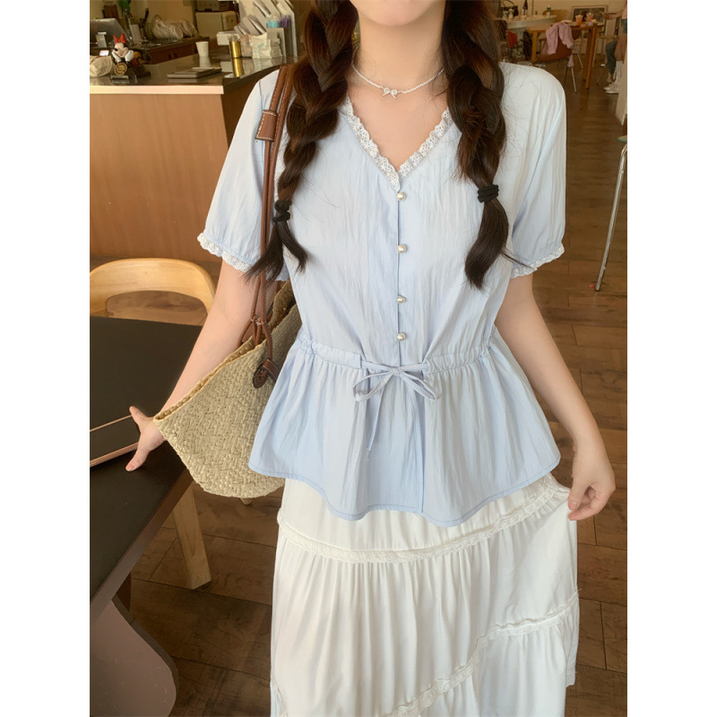 Real Shot Real Price Light Purple V Neck Right Shoulder Shirt Women's Summer Drawstring Waist Baby Doll Top