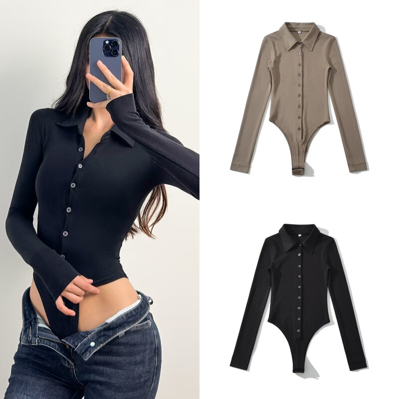 European and American Style Summer Polo Collar Spicy Girl Pure Desire Style Buttoned Slim Fit Stretchy Long-Sleeve Jumpsuit Women's Top European and American Style Summer Polo Collar Spicy Girl Pure Desire Style Buttoned Slim Fit Stretchy Long-Sleeve Jumpsuit Women's Top