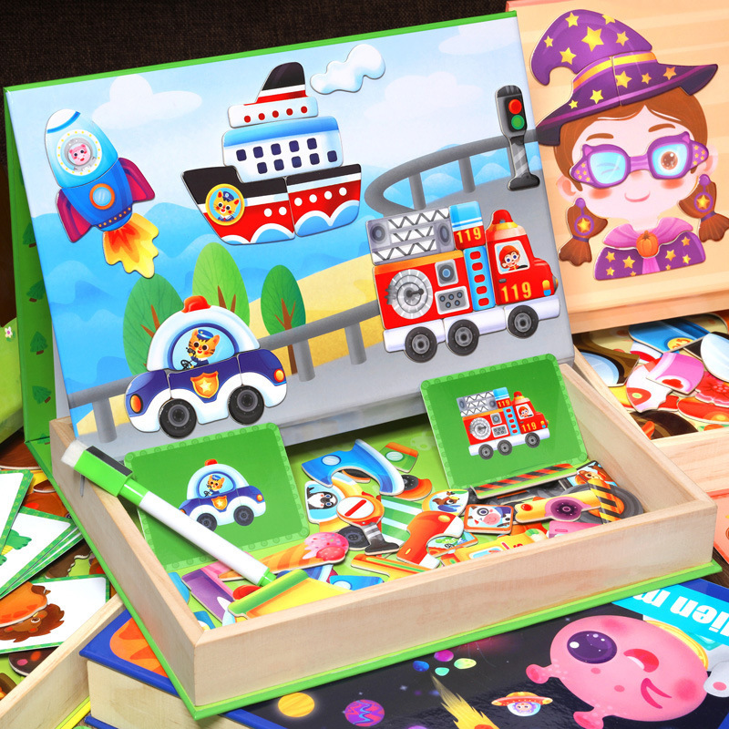 Educación infantil puzzles magnéticos pegatinas de dibujos animados princesa cambio de personaje cambio de ropa puzzle magnético tablero de dibujo juguete