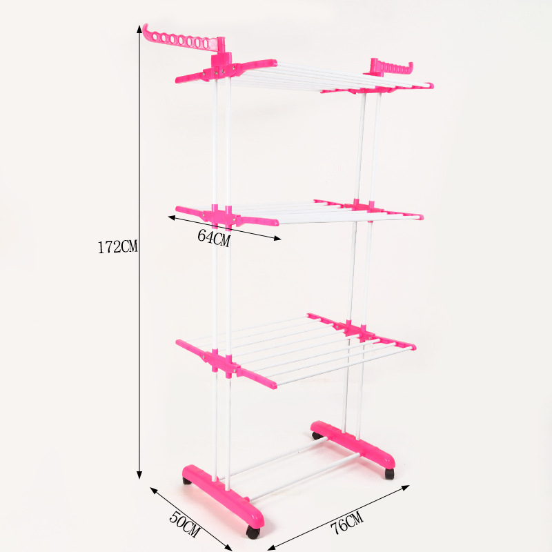 Perchero de ropa plegable de suelo de hierro pintado empujable/tirable, estante de toallas multifuncional de tres capas, perchero de balcón