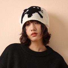 100%羊毛针织套头帽女韩国卡通小猫男女同款保暖毛线包头冷帽子潮