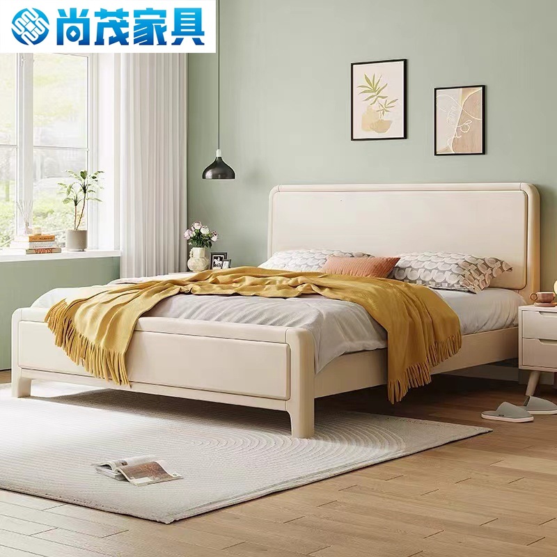 Cream Style White Solid Wood Bed 1.5m Single Bed 1.8m Double Master Bedroom Accessible Luxury Wedding Bed Air Pressure High Box Storage Bed