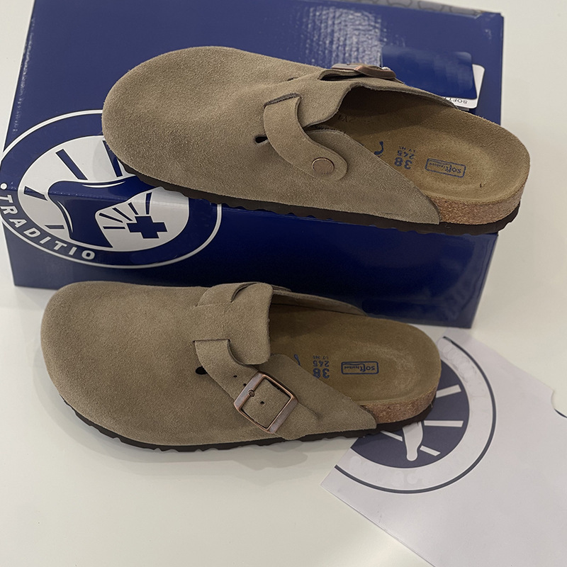 Cross-Border Foreign Trade Dropshipping: Sangpo Pure Cowhide Cork Birkenstock-Style Women's Half-Slipper, Spring and Autumn Thick-Soled Genuine Leather Closed-Toe Slippers