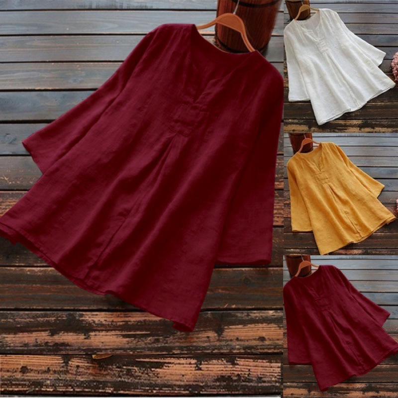 Large Quantity in Stock: European and American 2026 Amazon Aliexpress Solid Color Women's Cotton and Linen Casual Loose Patchwork Tops for Women