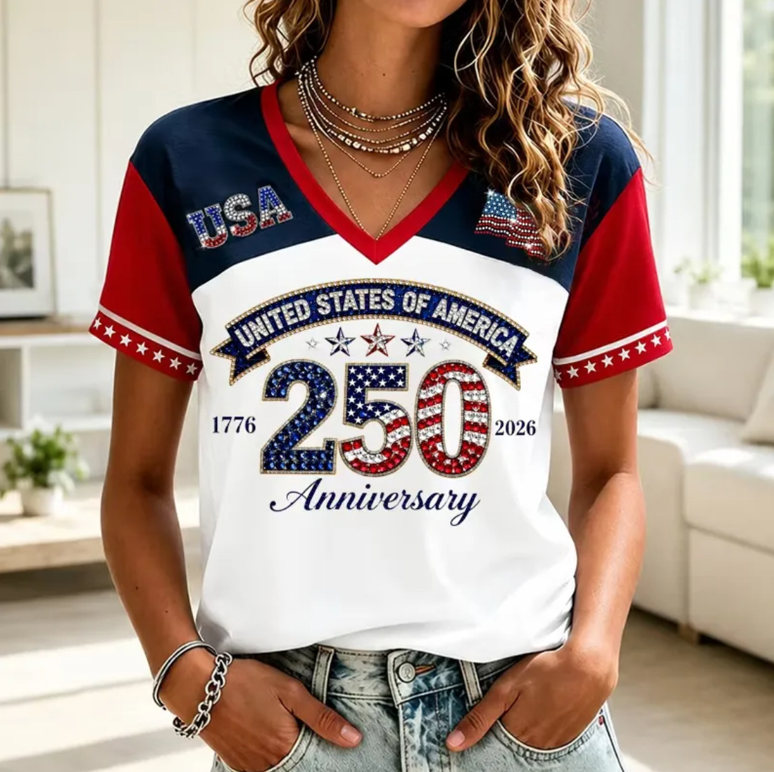 2026跨境亚马逊外贸女装夏季V领短袖T恤3D数码印花女装休闲短袖T
