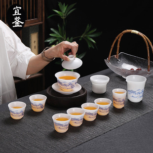 Sui Jian ice seed suede jade tea set suit green rhyme plain burning dehua jade porcelain kung fu tea set household commercial companion gift
