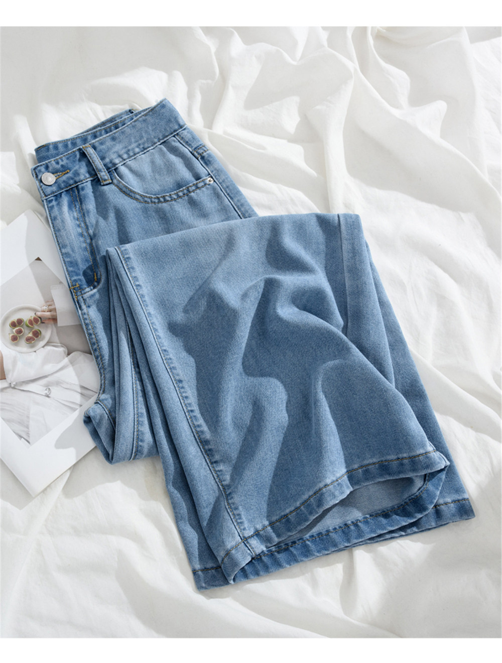 Quần jean ống rộng nữ cạp cao vải lụa mỏng mùa hè — Vintage màu xanh mở rộng chi tiết 5