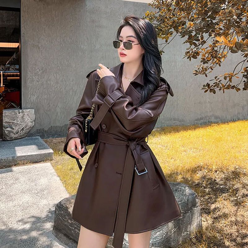 Brown Leather Jacket for Women 2025 New Korean Fashion Petite Leather Jacket Autumn Leather Trench Coat Women High-End Feel