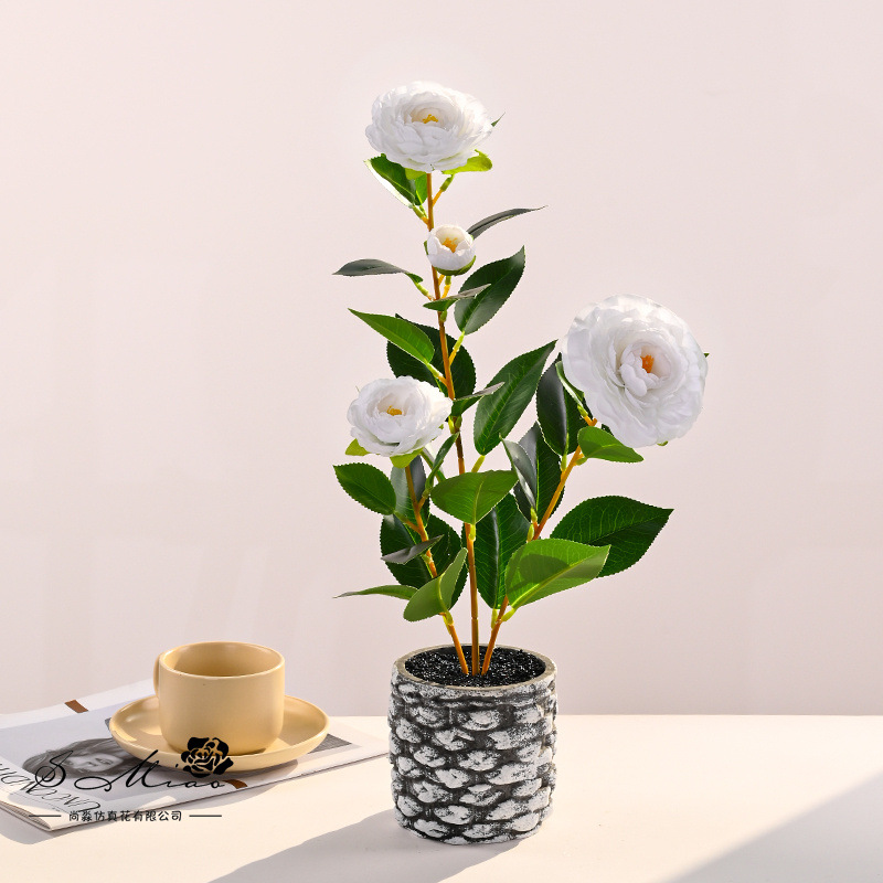 Plantas en maceta de camelia de cuatro cabezas transfronterizas, flores de simulación creativa, decoración de estudio fotográfico para el hogar, plantas verdes artificiales, simulación, macetas, falso image 8