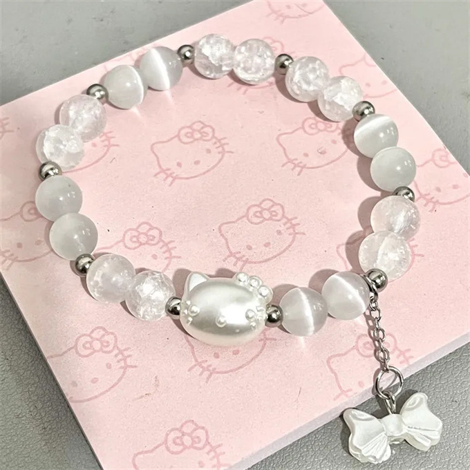 Kt Cat Hellokitty Heart Couple Bracelet DIY Handmade Beaded Cat's Eye Stone Hand Cute Gift for Girlfriend..