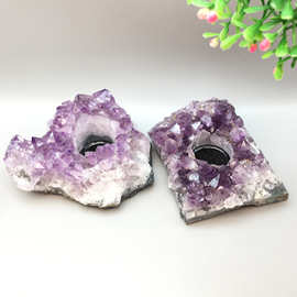 批发天然紫水晶簇蜡烛台摆件 紫晶簇创意水晶烛台 紫晶簇块原石