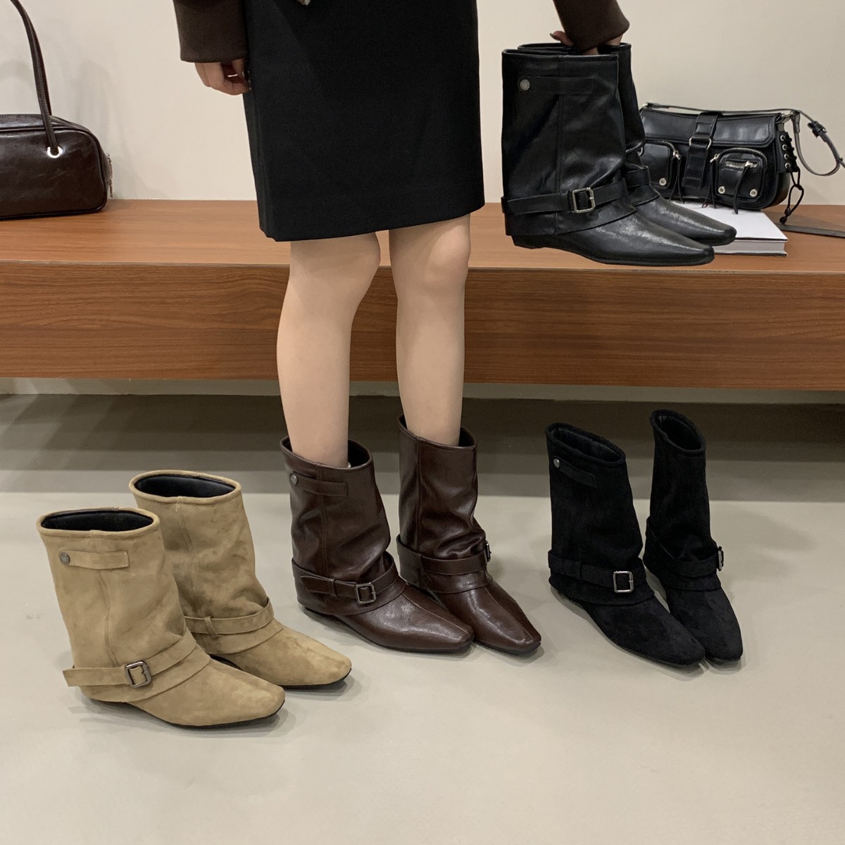 2026 Autumn/Winter New Mid-Calf Boots Square-Toe Ankle Boots Women's Fashionable Versatile Fashion Boots Slip-On Martin Boots