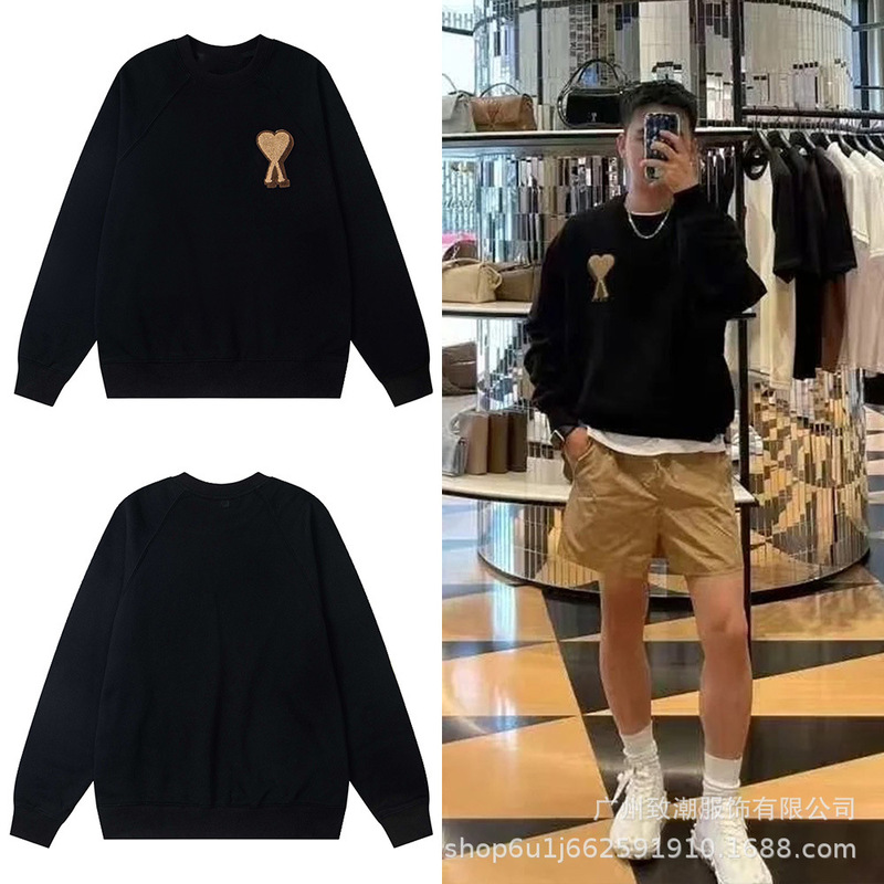 Autumn and Winter New Product Ami Ancient Men's and Women's Casual Sweatshirt Gold Towel Embroidered Heart Round Neck Sweatshirt Trendy