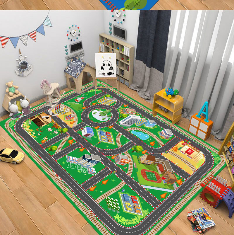 Cartoon children's floor mat, city traffic natural rubber floor mat, game toy rug, parking lot track educational floor mat