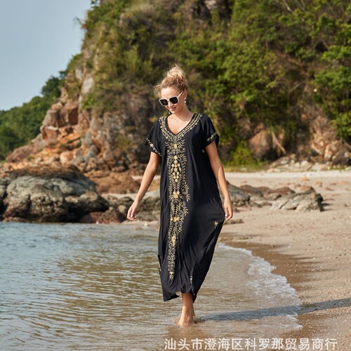   Beach blouse Embroidery beach robe vacation beach long dress seaside sunscreen dress