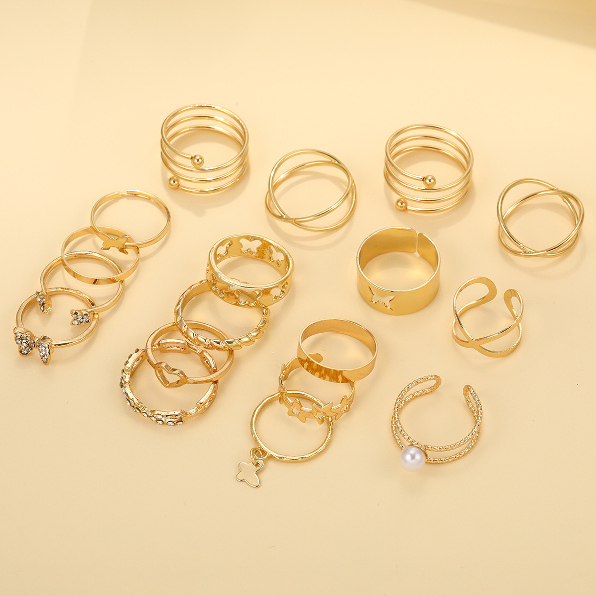 new diamond butterfly ring suit 18-piece set hollow love chain open adjustable ring_voghion.com