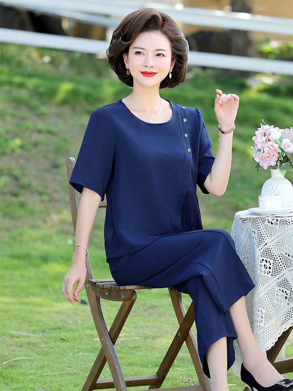 妈妈夏装套装中年人女装时尚洋气雪纺短袖t恤上衣夏季衣服薄|undefined