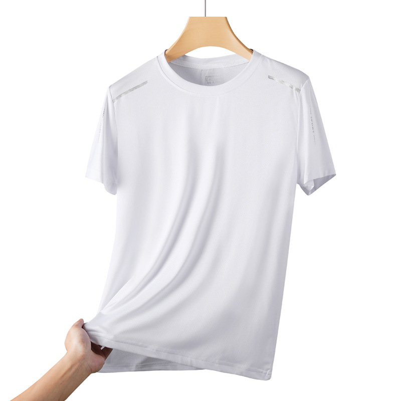 Primavera y verano de manga corta camiseta de seda de hielo de hombre de verano de cuello redondo chaqueta deportiva casual ligera y delgada elástica transpirable ropa seca rápida