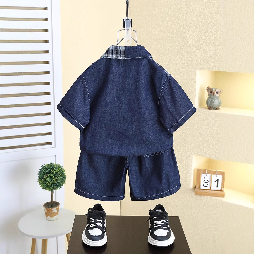 8097 traje de manga corta de mezclilla para niños 2025 nuevo vestido de verano camisa guapa para niños ropa casual de dos piezas de moda