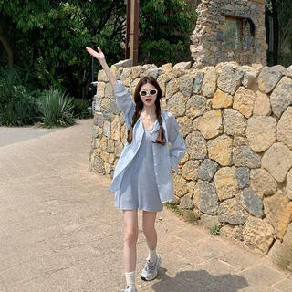 大码女装韩系慵懒蓝色休闲衬衫宽松轻薄防晒衫吊带裙两件套