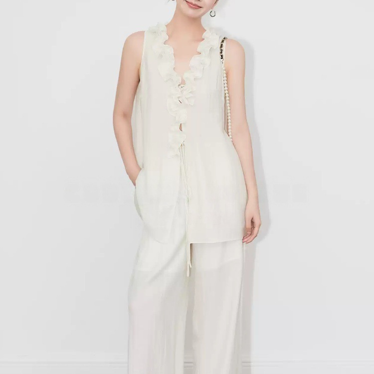 Suk Cloud Ripple! White Linen Shirt 2026 Summer French Style Sleeveless Loose Ruffled Tie-Up Top Suk Cloud Ripple! White Linen Shirt 2026 Summer French Style Sleeveless Loose Ruffled Tie-Up Top