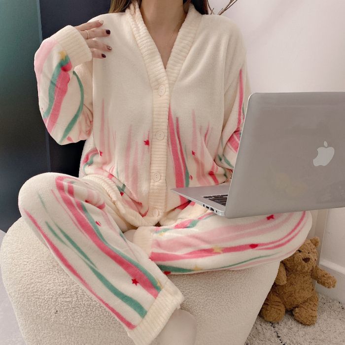 220 jin transfronterizos al por mayor tamaño M - 6XL pijamas de franela de invierno Cardigan con camisa de lana gruesa set de ropa para el hogar