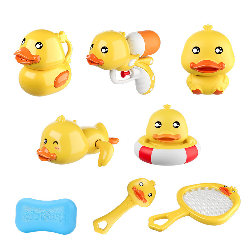Juguete de baño de pato amarillo para niños Red de baño pesca agua jugando 8 piezas primavera pato natación pistola ducha juguete