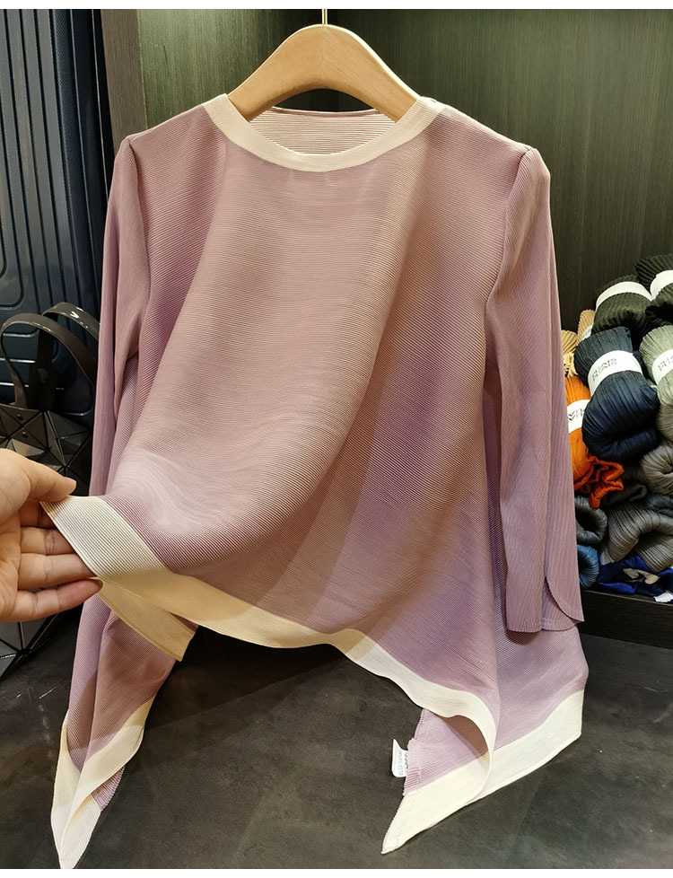 Áo thun nữ cổ tròn tay lỡ phối màu tương phản, dáng rộng xếp ly bất đối xứng — Màu xanh, Màu tím hồng, Màu đỏ hoa hồng, Màu hồng chi tiết 10