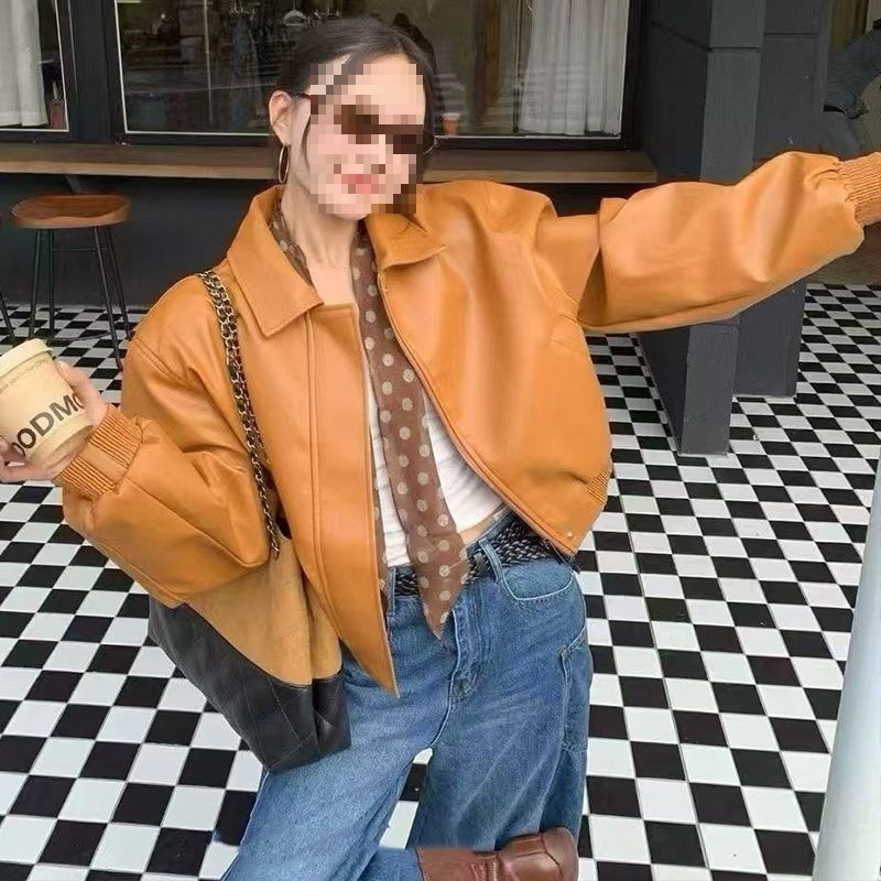 网红同款洋气时髦显白桔黄色皮衣外套女秋季韩版宽松显瘦收腰夹克|undefined
