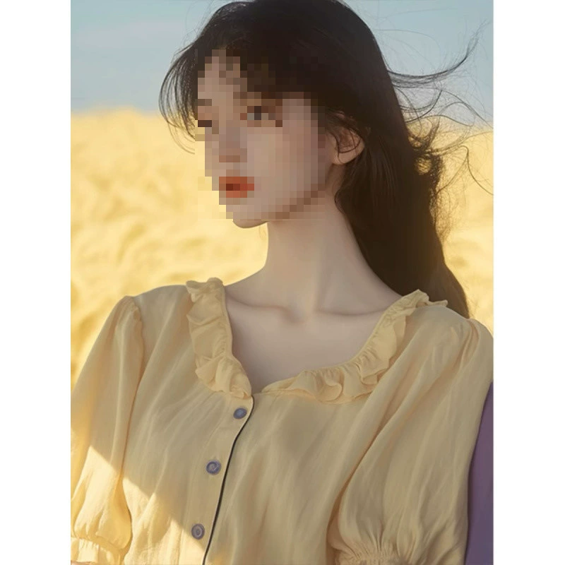 Женская блузка YS8, французский легкий люкс, высококачественная, желтая, с рюшами и пышными рукавами, уникальная и красивая для лета.