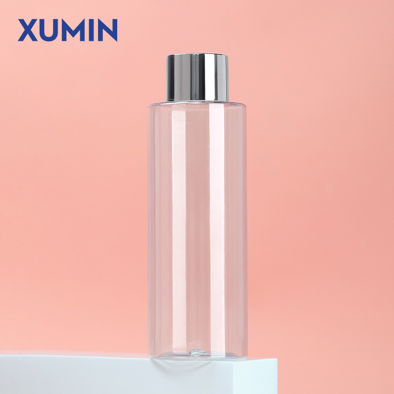 Botella de cosméticos Xumin embalaje PET esmerilado botella de cubierta blanca 300ml botella de rocío transparente plata brillante / cubierta blanca opaca limpieza