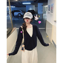 法式藏蓝色针织衫大领口套头毛衣女秋冬2025新款薄款外搭长袖上衣
