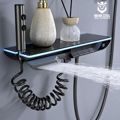 Wall-mounted full-copper concealed installation five-function pressure boost shower set with chlorine removal, constant temperature digital display, and large storage platform shower head