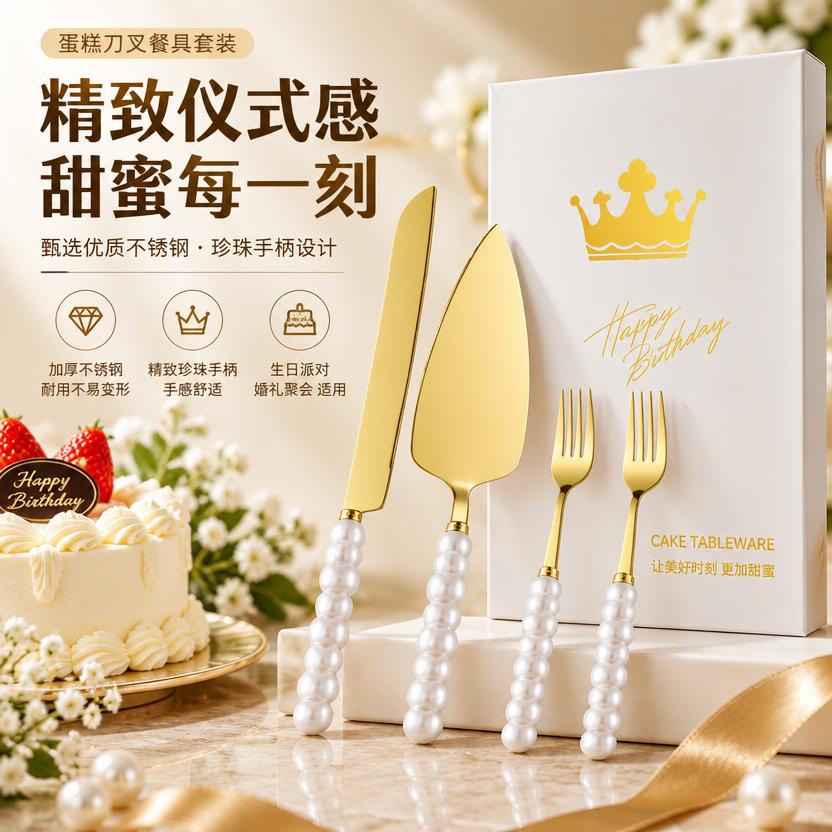 New Cross-Border Gold-Plated 430 Stainless Steel Cake Knife and Spatula Set, Pearl Ceramic Handle Pizza Knife