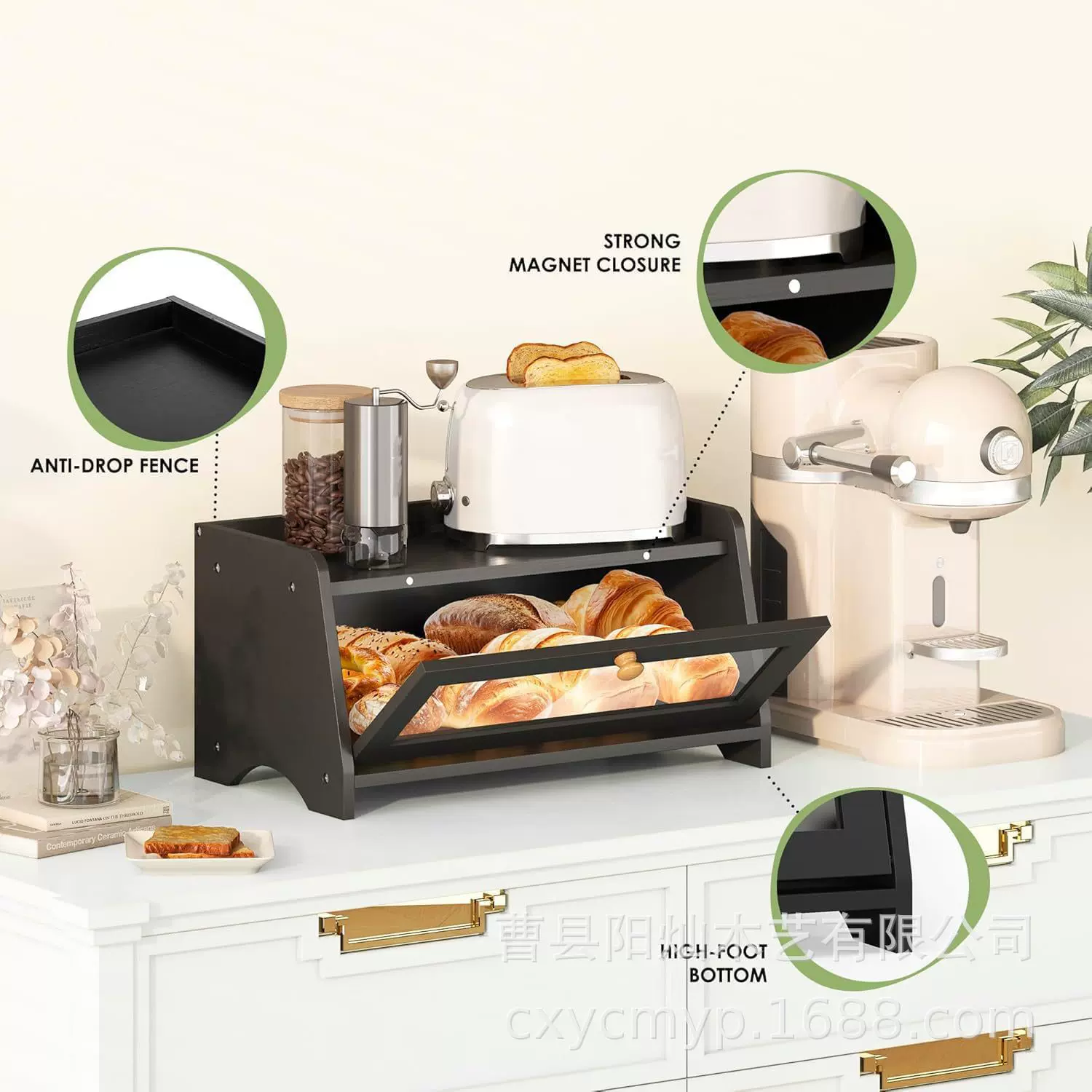 跨境木质收纳盒翻盖式厨房烘焙点心盒透明展示面包箱调料品收纳盒