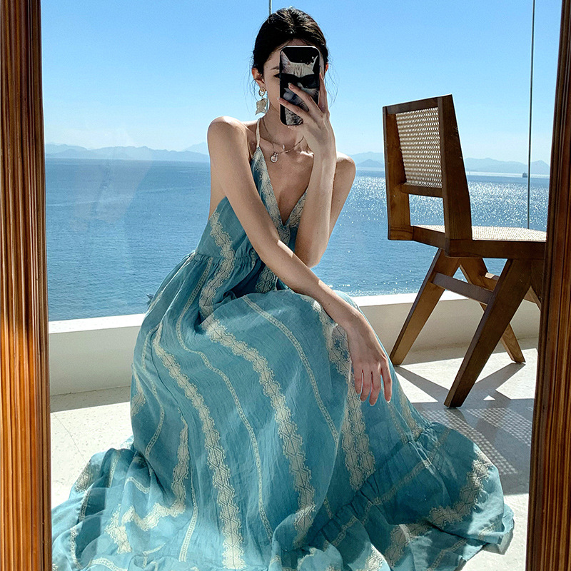 Light Blue Resort-style Backless Halter Neck Dress, Bohemian Heavy Embroidery Long Dress For Women_ecoleips.com
