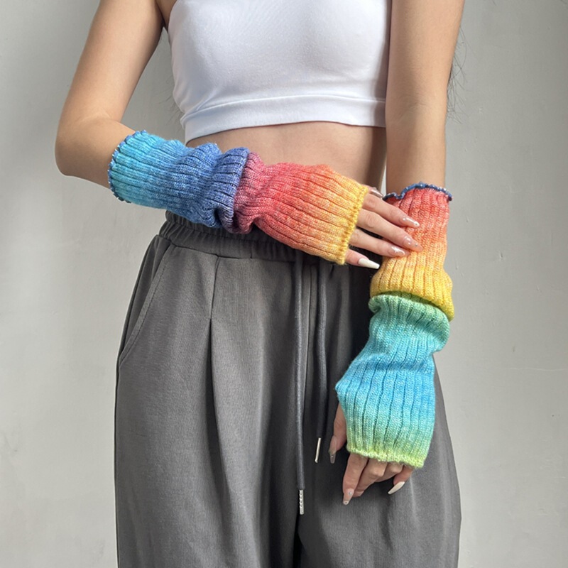 Gradient Wool Pile Sleeve Wool Knitted Thickened Warm Arm Cover Rainbow Color Half Excropless Gloves 355