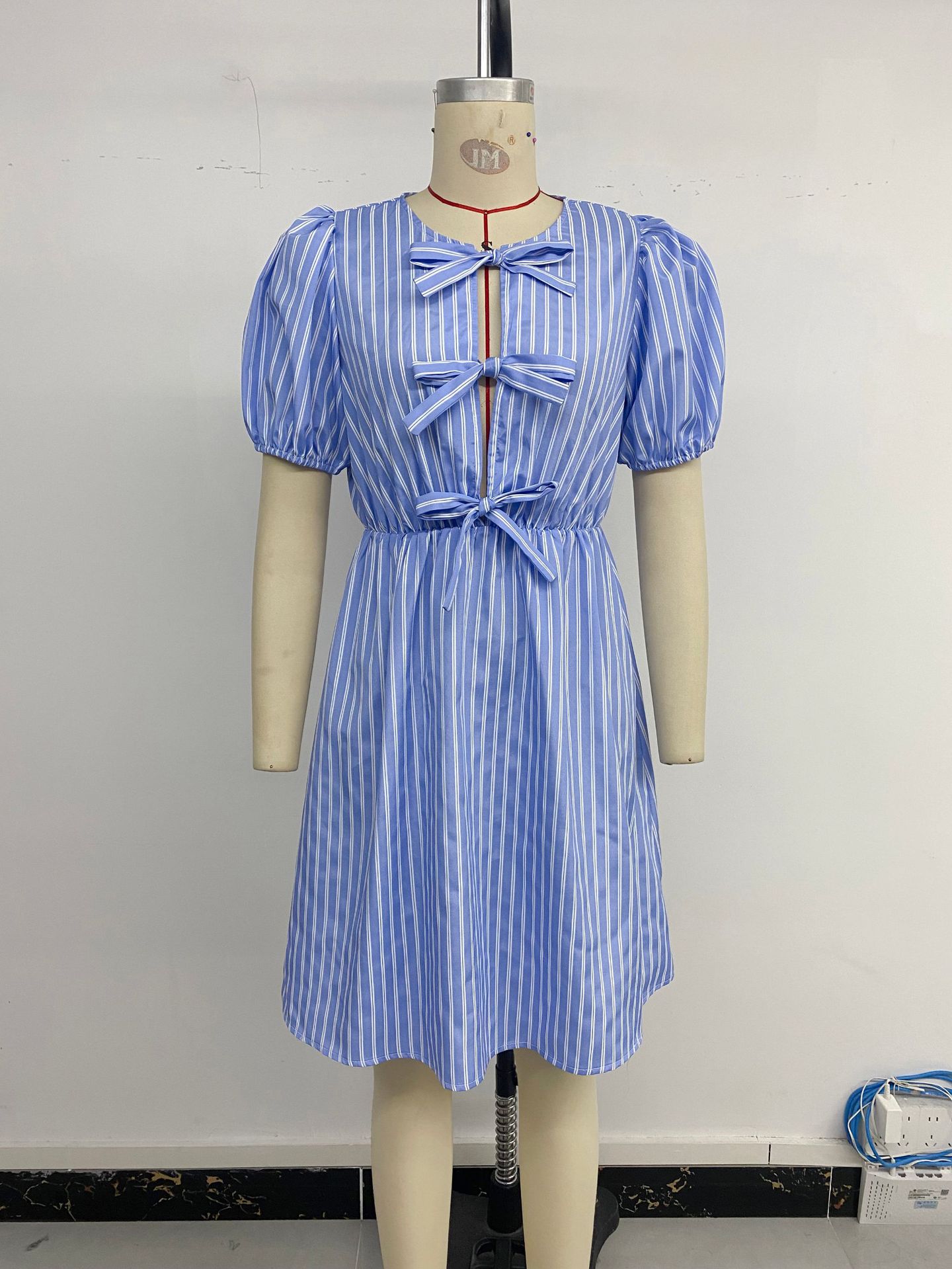 Summer Striped Dress round Neck Bowknot Lace up Dress