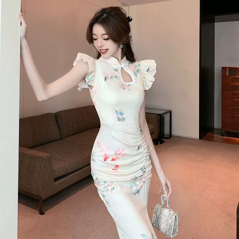 Новое платье больших размеров 150kg года в китайском стиле для молодых женщин, сексуальное ретро-платье для похудения талии.