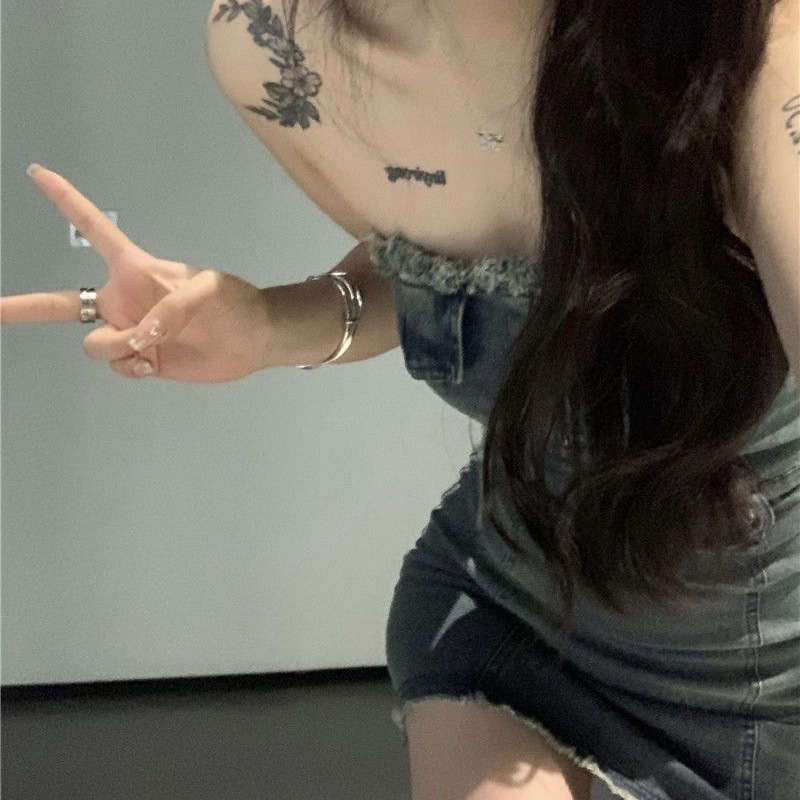 루즈 데님 원피스 여성 봄 달콤한 쿨 스타일 레트로 슬림 핏 스트랩리스 스커트 프라이드 스트리트 힙합 스커트 오프 숄더