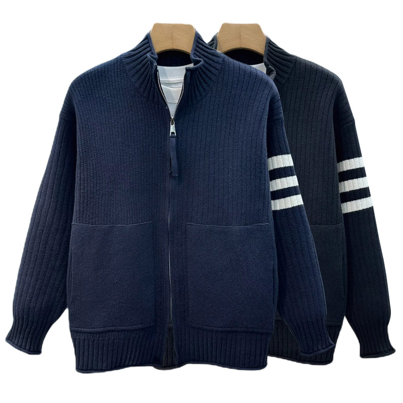 Cross-Border Popular European Plus-Size Three-Stripe Cardigan Knit Sweater Men's Business Cardigan Trendy Factory Wholesale Cross-Border Popular European Plus-Size Three-Stripe Cardigan Knit Sweater Men's Business Cardigan Trendy Factory Wholesale