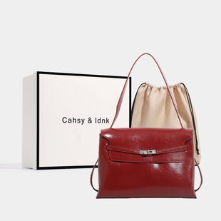 Red shoulder bag, capacious one-shoulder bag for bride, phone bag, high-end, genuine leather