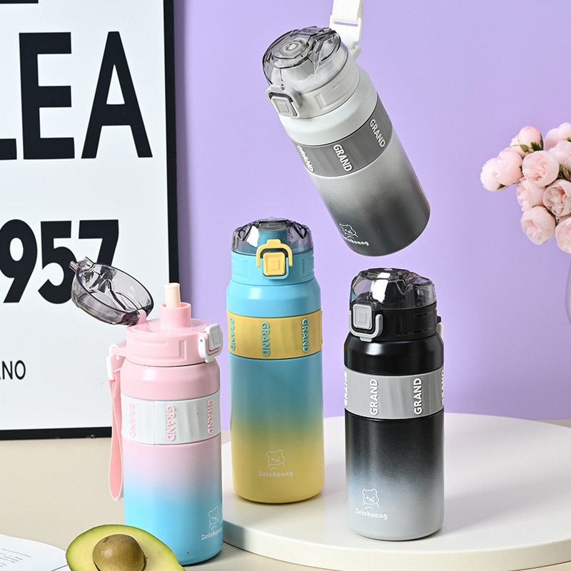 Taza de moda de acero inoxidable de color gradiente taza de aislamiento térmico portátil taza de paja al aire libre taza deportiva de doble capa de gran capacidad para hombres y mujeres