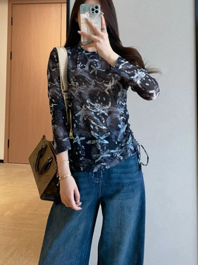 WTHEONE时髦精复古中式韵味花色修身显瘦侧边抽绳长袖T恤女2025秋|undefined