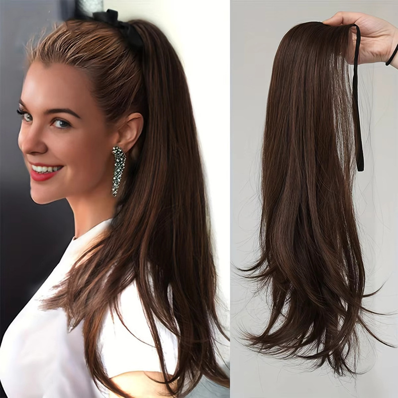 Wig for Women with Strap-On Micro-Curly Ponytail, Medium-Length Straight Hair Braids, Realistic Natural Hair Tail Curly Wig for Long Hair