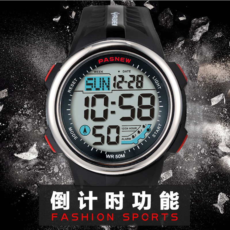 新款青少年男士户外运动手表 大数字显示夜光跑秒电子表 防水男表